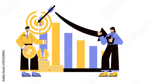 Sad business characters facing declining profits with broken coins and a falling arrow graph