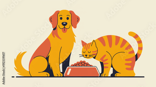 Friendly dog and cat sharing a meal together sitting and eating from bowl on floor at home