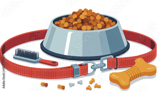 Dog food bowl with red leash brush and treats on white background pet care concept