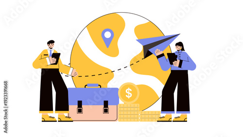 Professionals planning global travel and overseas expansion with a world map and paper plane