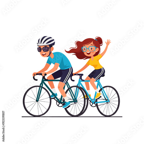 Cute cartoon illustration of a boy and girl riding bicycles together in a fun outdoor cycling scene