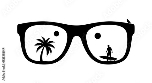 Tropical Beach View in Sunglasses Silhouette Vector