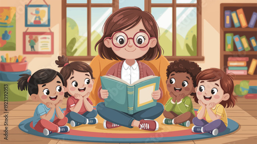 Teacher reading to diverse group of children sitting on colorful rug in classroom with books and educational materials around