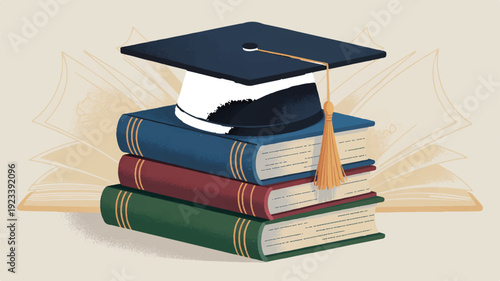 Graduation cap on stack of books with tassel education and learning concept academic achievement