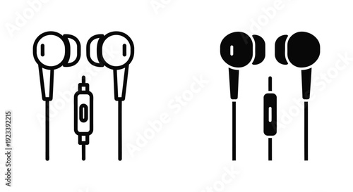 Minimalist wired earphone and earbud icons in outline and solid black styles for music apps, podcasting, and digital audio interfaces