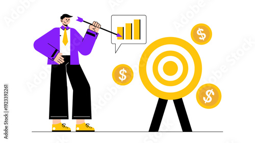 A businessman holding an arrow and aiming at a target for success