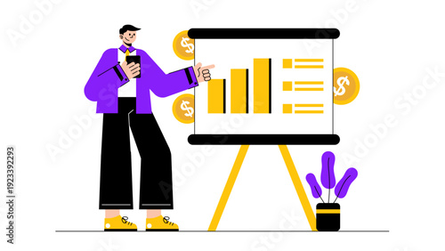 A businessman presenting financial data and growth on a board