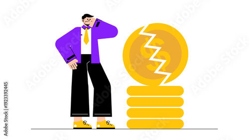 A businessman looking stressed next to a cracked broken coin