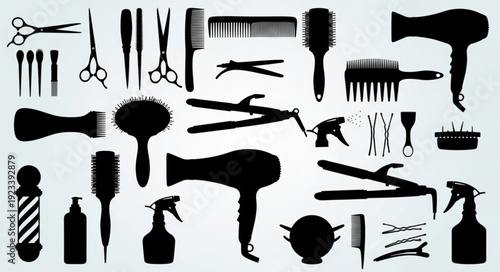Collection of professional hairdressing tools and equipment silhouettes.