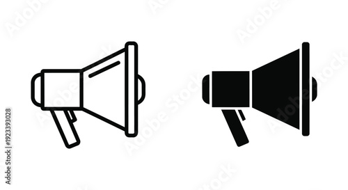 Minimalist megaphone and bullhorn icons in outline and solid black styles for digital marketing, social media announcements, and communication alerts