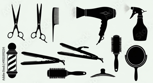 Collection of professional hairdressing tools and equipment silhouettes.