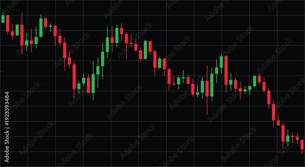 Fototapeta premium Candlestick chart showing stock market decline with red and green candles against a black background with grid lines, representing financial trading analysis and bearish trend