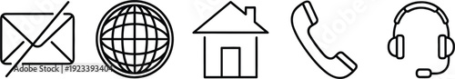 Contact And Communication Line Icons Set Email Globe Home Phone And Customer Support Symbols