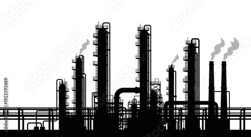 Silhouette of an industrial complex with tall towers and smoke emissions.