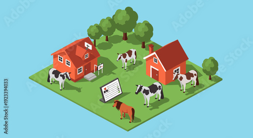 Isometric Farm Scene with Cows and Buildings.