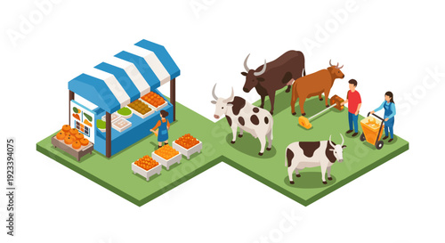 Isometric Farm Scene with Cows and Farmers.