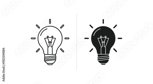 Set of minimalist light bulb icons in outline and solid black styles symbolizing creative ideas, innovation, and bright inspiration for business, education, and technology projects.