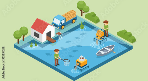 Isometric Illustration of Fishing Village Scene.