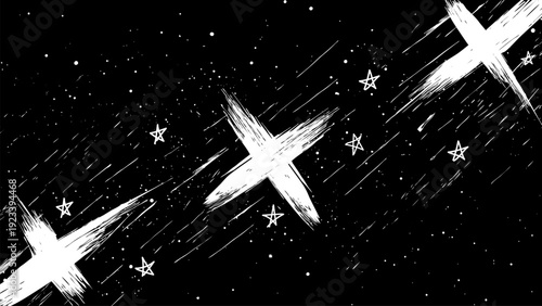 Grunge star pattern with bold brush strokes shooting lines and splatter texture in black and white perfect for cosmic backgrounds fashion prints and modern design grunge style