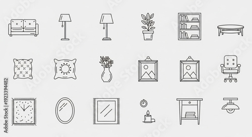Collection of hand-drawn interior design elements and furniture icons.