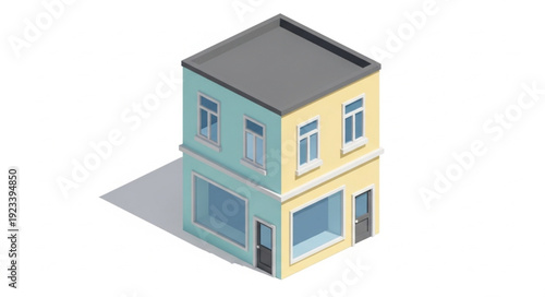 Isometric view of a two-story building with shopfront and windows, flat roof.