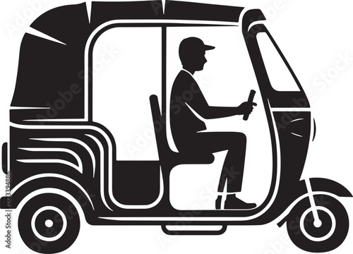 black and white silhouette illustration of a man driving an auto rickshaw on transparent background