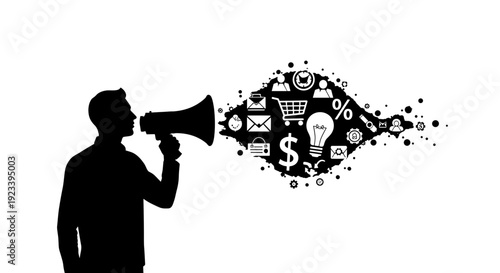 Man Using Megaphone with Digital Icons.