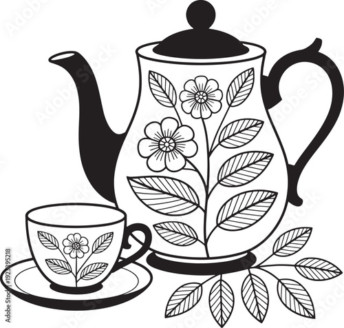 Decorative teapot and teacup set with floral patterns and leafy branch on transparent background
