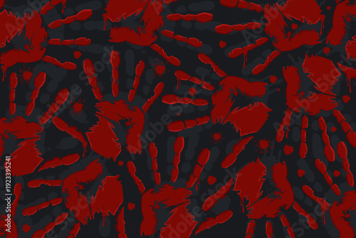 Seamless dark pattern with red dripping handprint splashes creating a horror grunge background perfect for themes of thriller design and spooky art grunge style