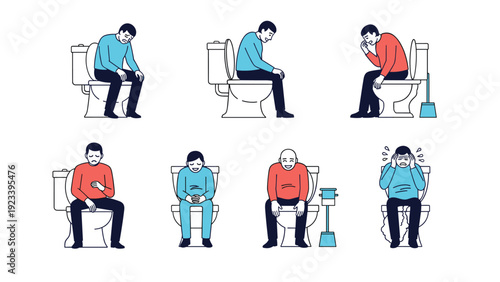 Illustrations of men sitting on toilets experiencing various emotions and physical conditions like stomach pain or stress.