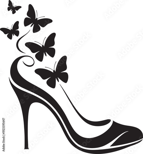 High heel shoe silhouette decorated with flying butterflies for fashion and beauty logo designs