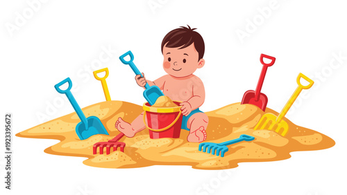 Cute young boy happily playing in a large sandbox with colorful plastic shovels rakes and a red bucket on a white background.