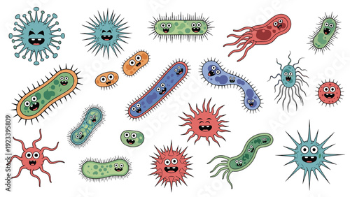 Set of cute cartoon bacteria and virus characters with funny faces and various shapes in colorful flat illustration style.