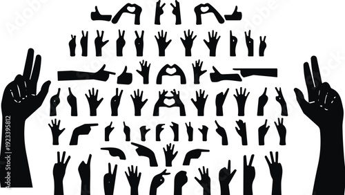 Collection of black silhouette hand gestures in various positions, peace signs, thumbs up, pointing, open palms, and heart shapes, symbolic non-verbal communication art