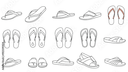 Outline illustration set of different flip flops and summer sandals in various styles and angles for footwear design concepts.