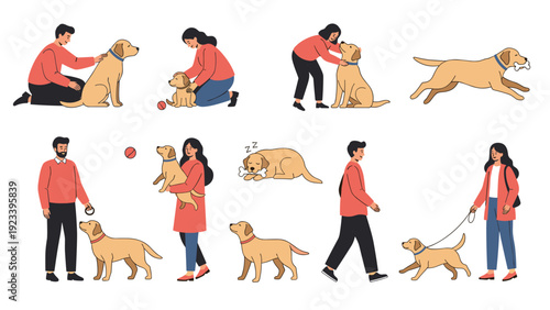 Set of people interacting with golden retriever dogs showing various activities like walking, playing, grooming, and training.