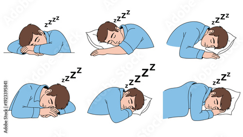 Illustration set of a man sleeping in various positions on a pillow and under a blanket representing rest and sleep habits.