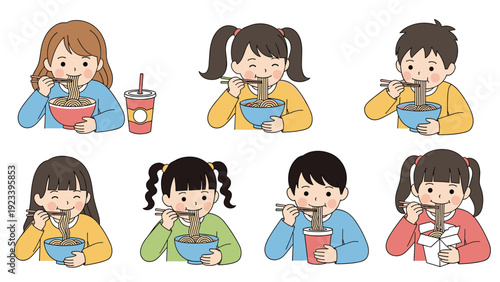 Group of children enjoying bowls of noodles or ramen with chopsticks in various cute character designs and expressions.