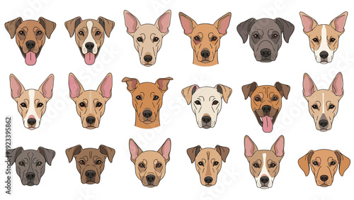 Collection of different dog face illustrations representing various breeds with different colors and ear shapes in a flat style.