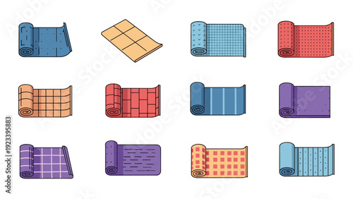 Set of rolled and unrolled yoga mats in different colors and patterns for fitness, gym, and exercise equipment concepts.