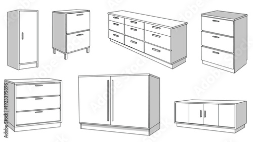 Outline illustrations of various furniture pieces including dressers, cabinets, and drawers for interior design and storage ideas.