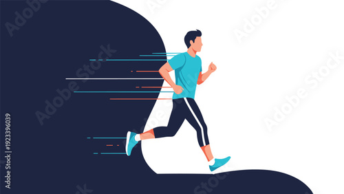 Flat illustration of a man running fast with motion lines representing speed, athletics, exercise, and fitness activity.