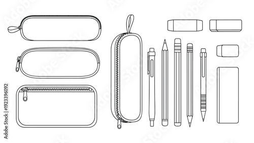 Line art illustration set of school and office supplies including pencil cases, pens, pencils, and erasers for education.