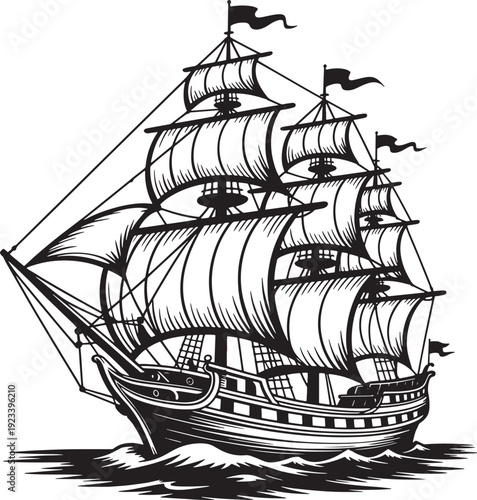 Old pirate galleon ship sailing on rough sea waves with full sails and flags vector