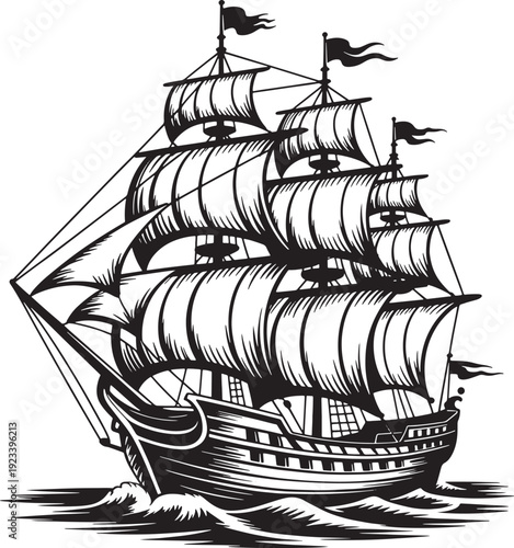 Old pirate galleon ship sailing on rough sea waves with full sails and flags vector