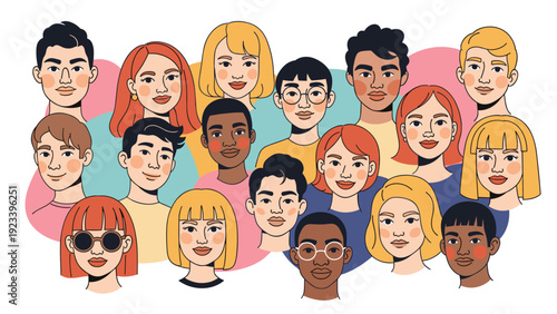 Illustration of a diverse group of people with different ethnicities and hairstyles representing community and togetherness.
