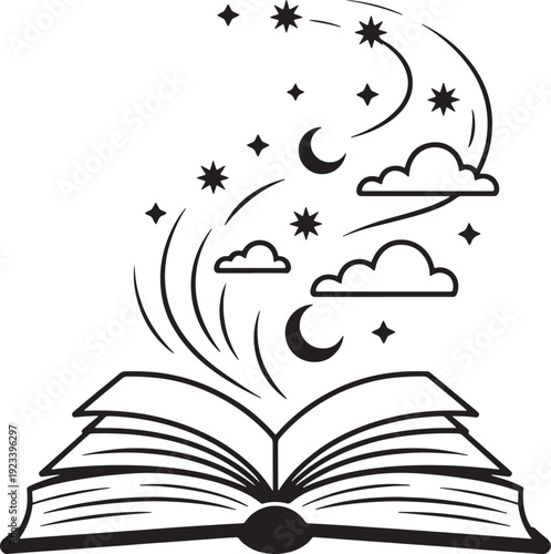 Open storybook with magical elements including stars and moon and clouds floating from pages