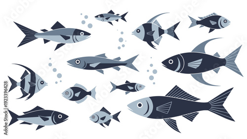 Collection of diverse fish species swimming in water showing different shapes and patterns in a stylized flat design.