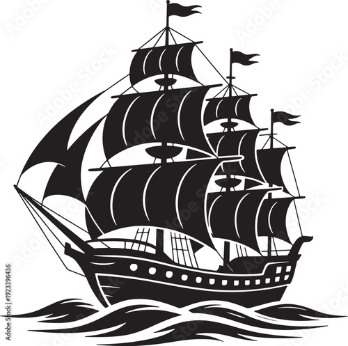 Sailing ship silhouette vector graphic depicting old wooden vessel navigating through ocean sea