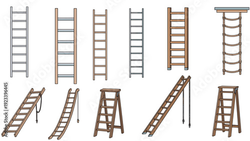 Set of different ladder types including stepladders, extension ladders, and rope ladders for various access and work needs.